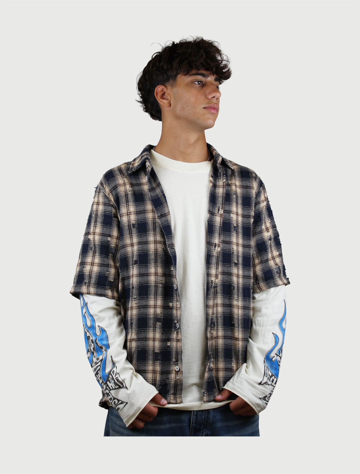DISCLAIMER - Camicia Uomo in Flanella con Doppia Manica in Jersey Blu-1