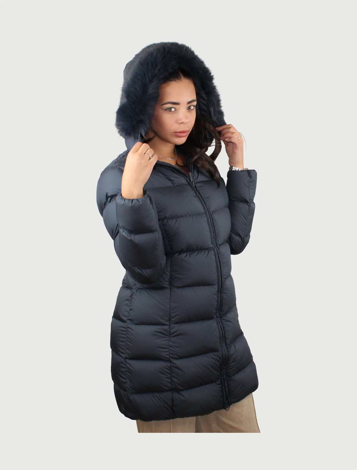 COLMAR - Piumino Blu Navy opaco a trapezio con pelliccia-1