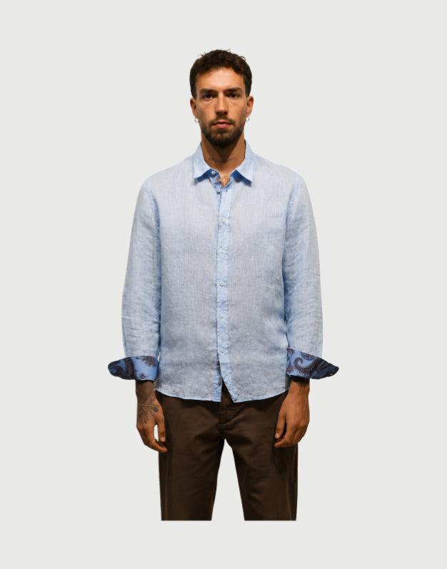 Seinse - Camicia celeste lino con motivi floreali-1