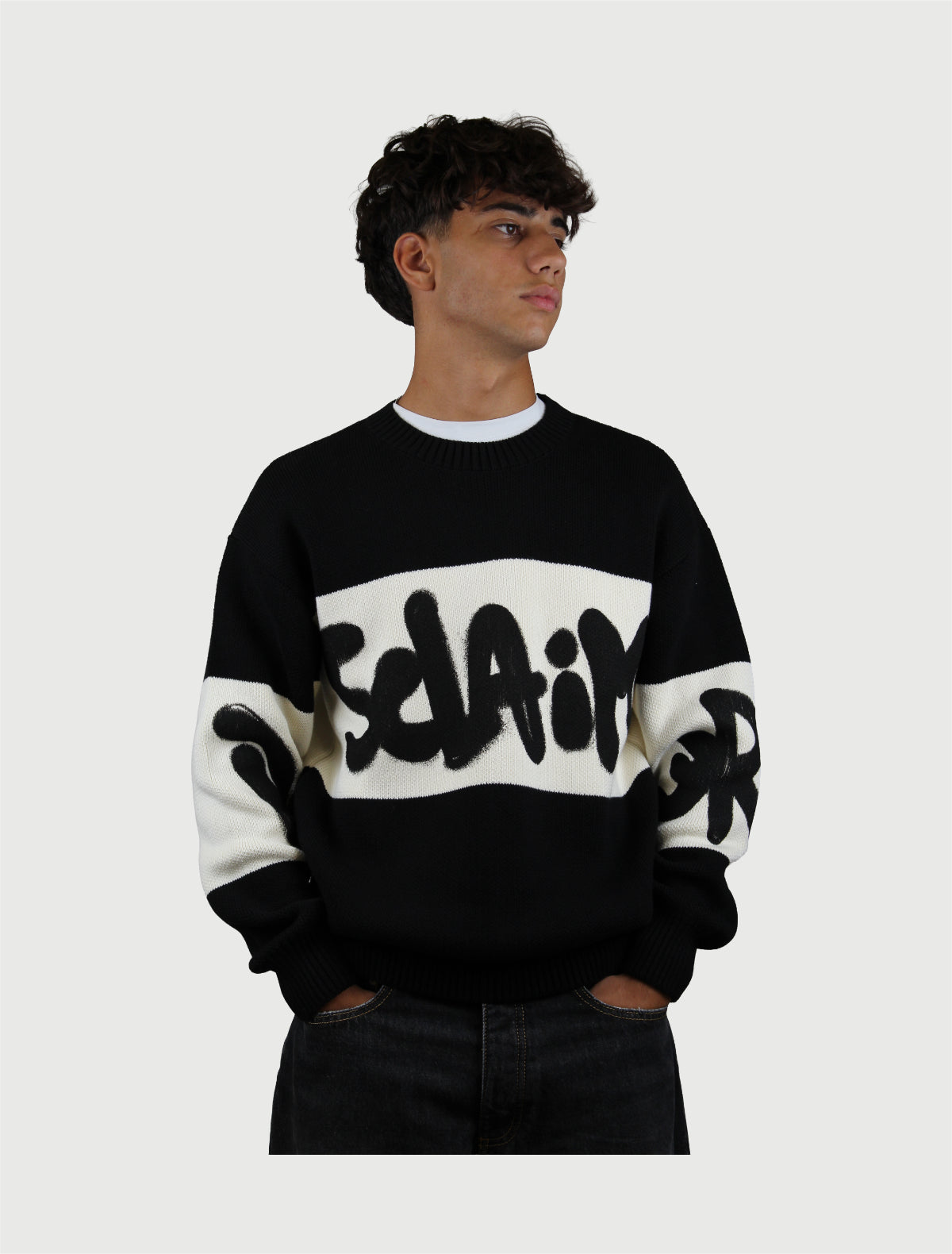 DISCLAIMER - Maglia Uomo Girocollo in Maglieria Nero e Latte-1