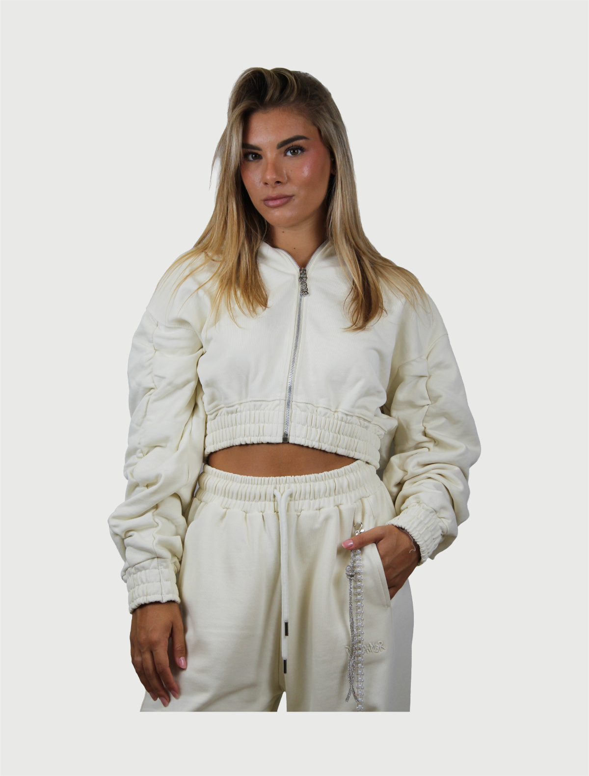 DISCLAIMER - Maglia Donna Full Zip Oversize in felpa Latte
