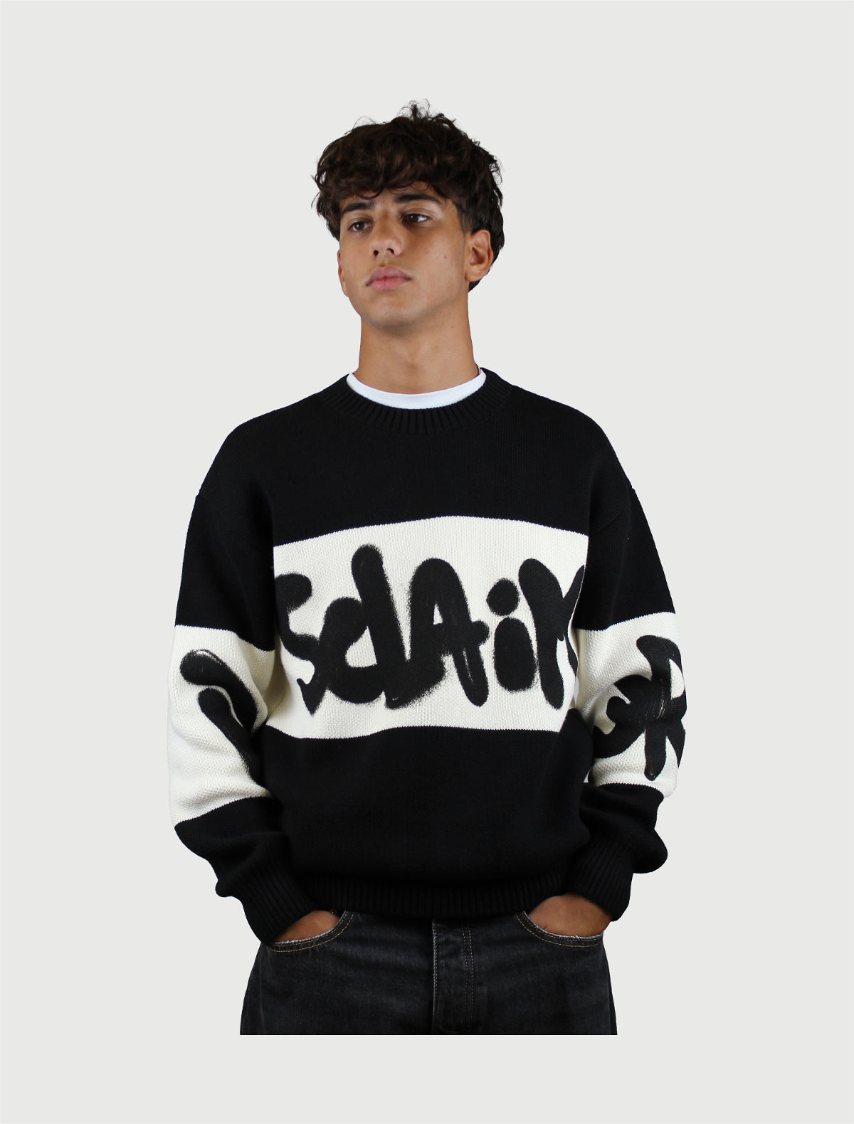 DISCLAIMER - Maglia Uomo Girocollo in Maglieria Nero e Latte-2