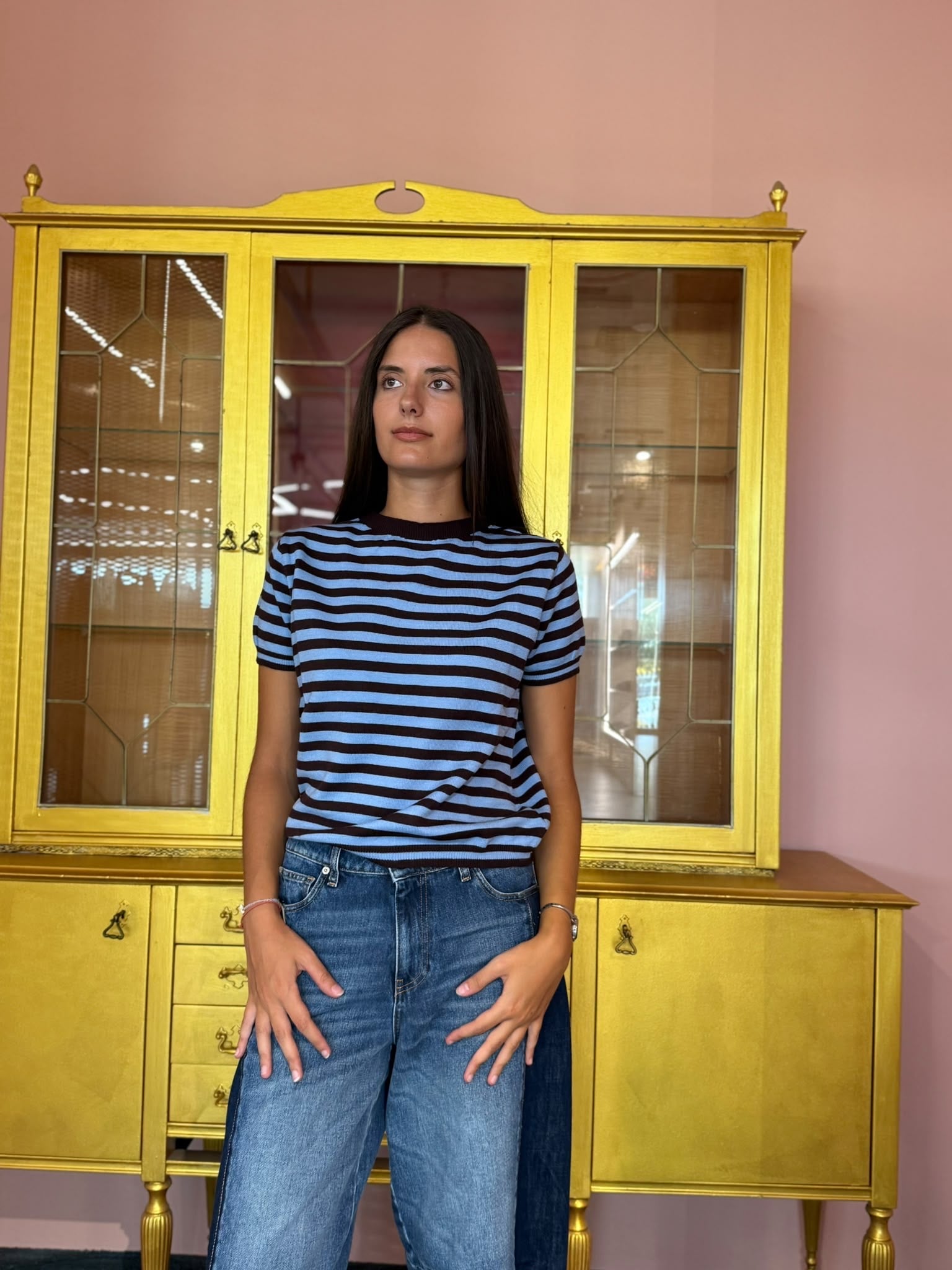 Susy Mix - T-Shirt in Maglia Righe Celeste-Moro