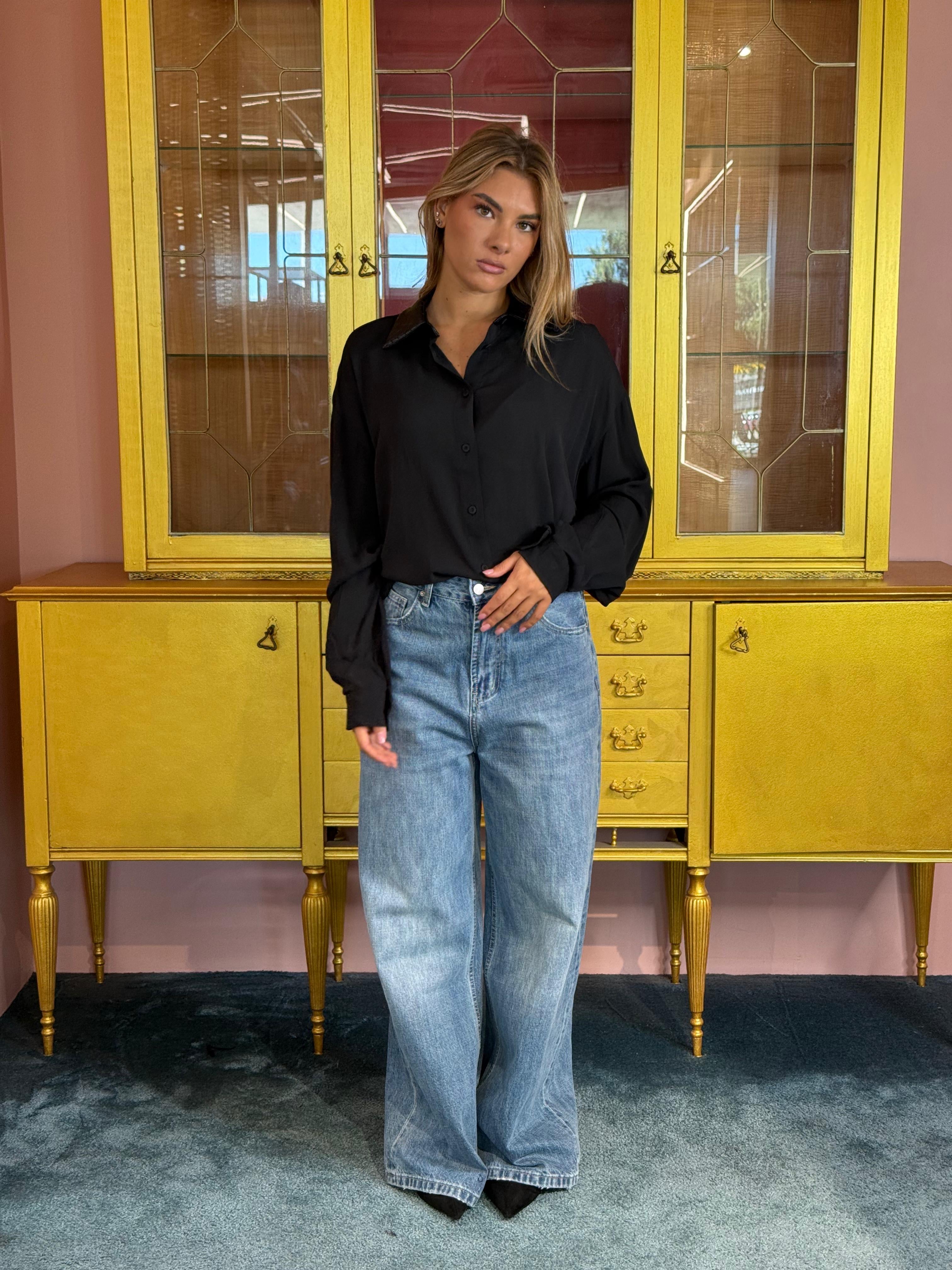 Tensione In - Camicia Inserti Ecopelle Nera-3