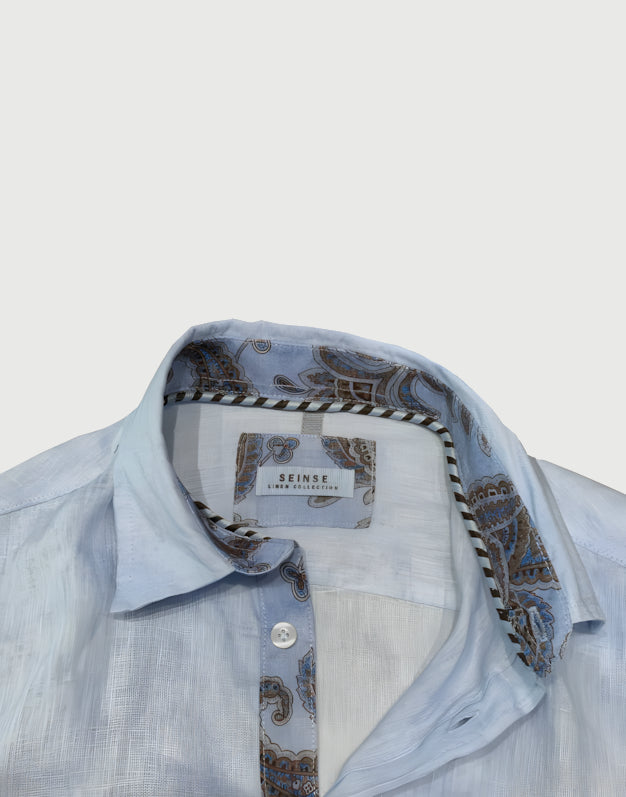 Seinse - Camicia celeste lino con motivi floreali-3