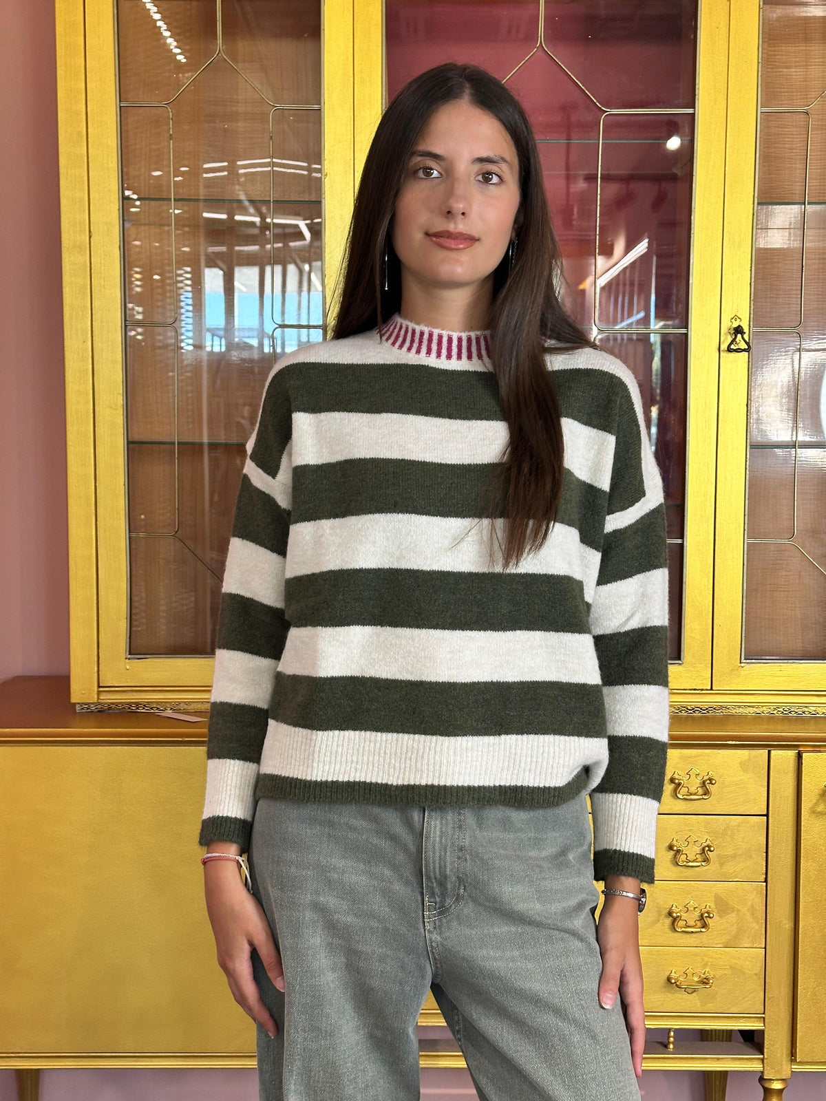 HaveOne - Pull Paricollo a Righe con Collo Rigato Fuxia/Militare/Panna