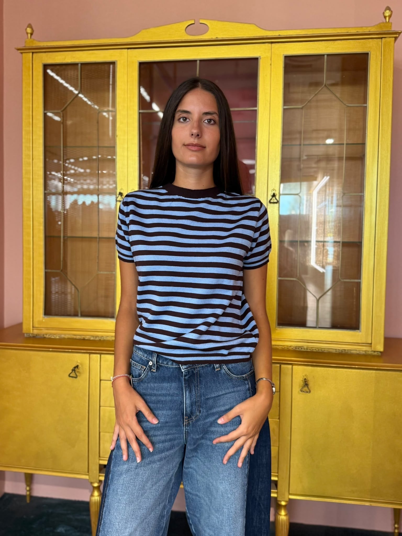 Susy Mix - T-Shirt in Maglia Righe Celeste-Moro-2