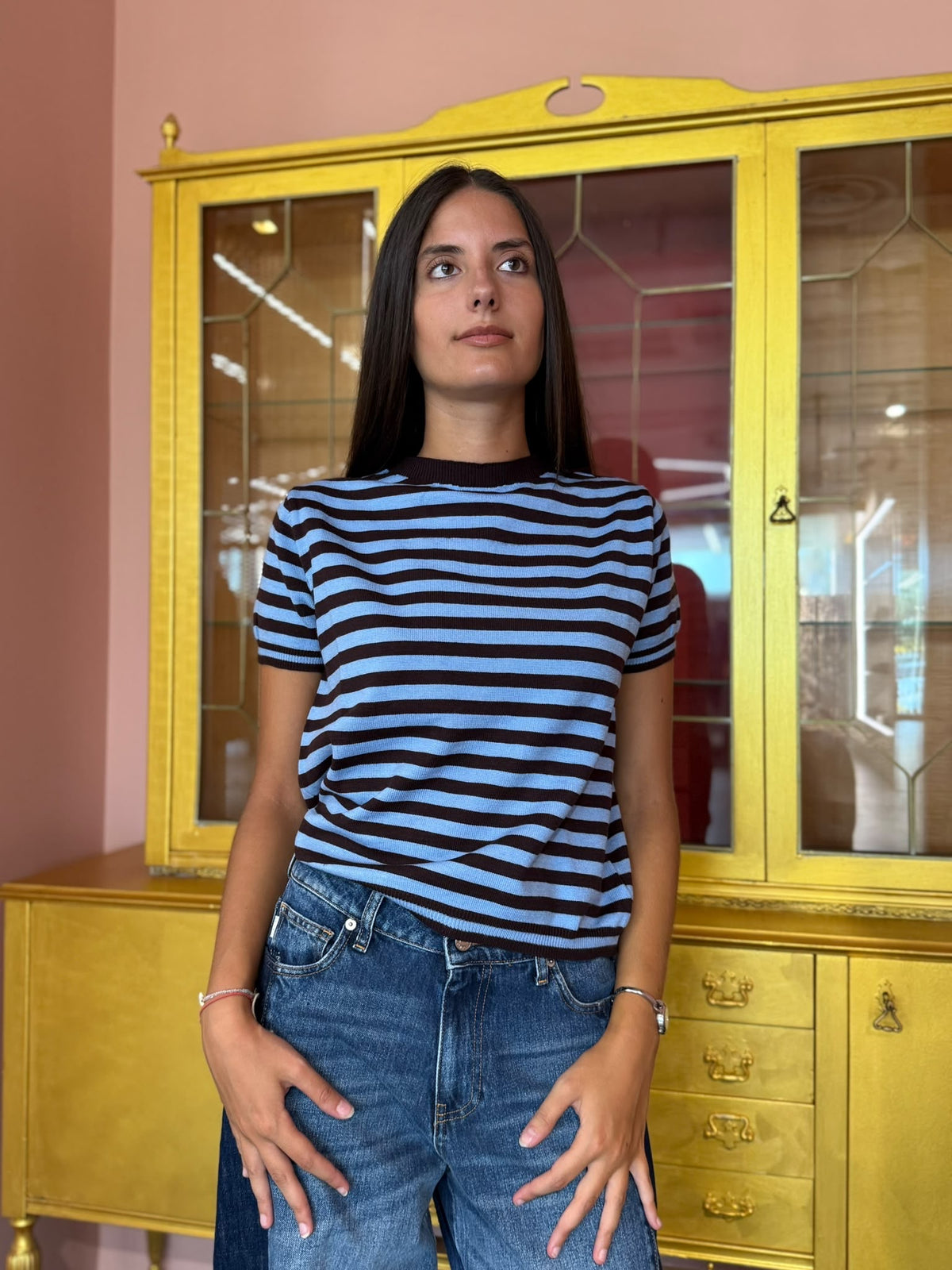 Susy Mix - T-Shirt in Maglia Righe Celeste-Moro-3