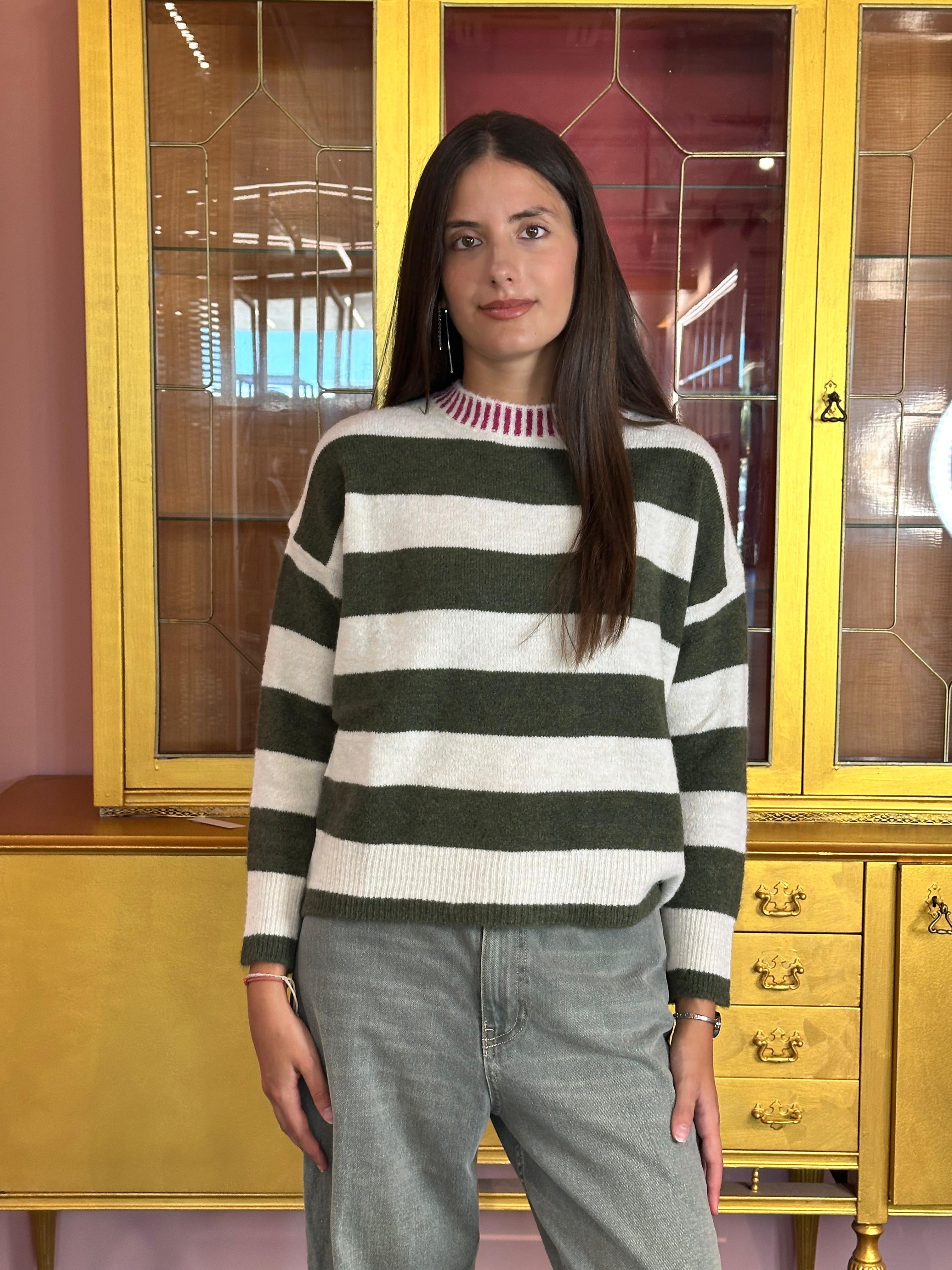 HaveOne - Pull Paricollo a Righe con Collo Rigato Fuxia/Militare/Panna-3