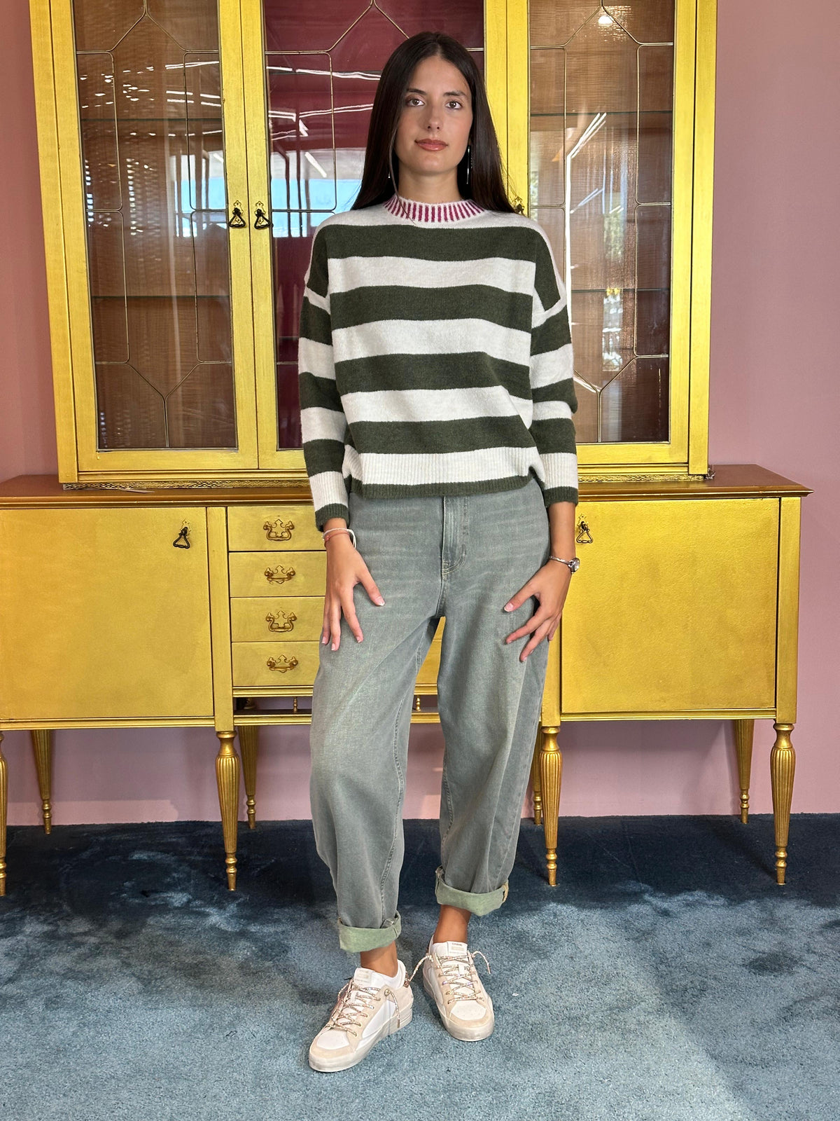 HaveOne - Pull Paricollo a Righe con Collo Rigato Fuxia/Militare/Panna-4