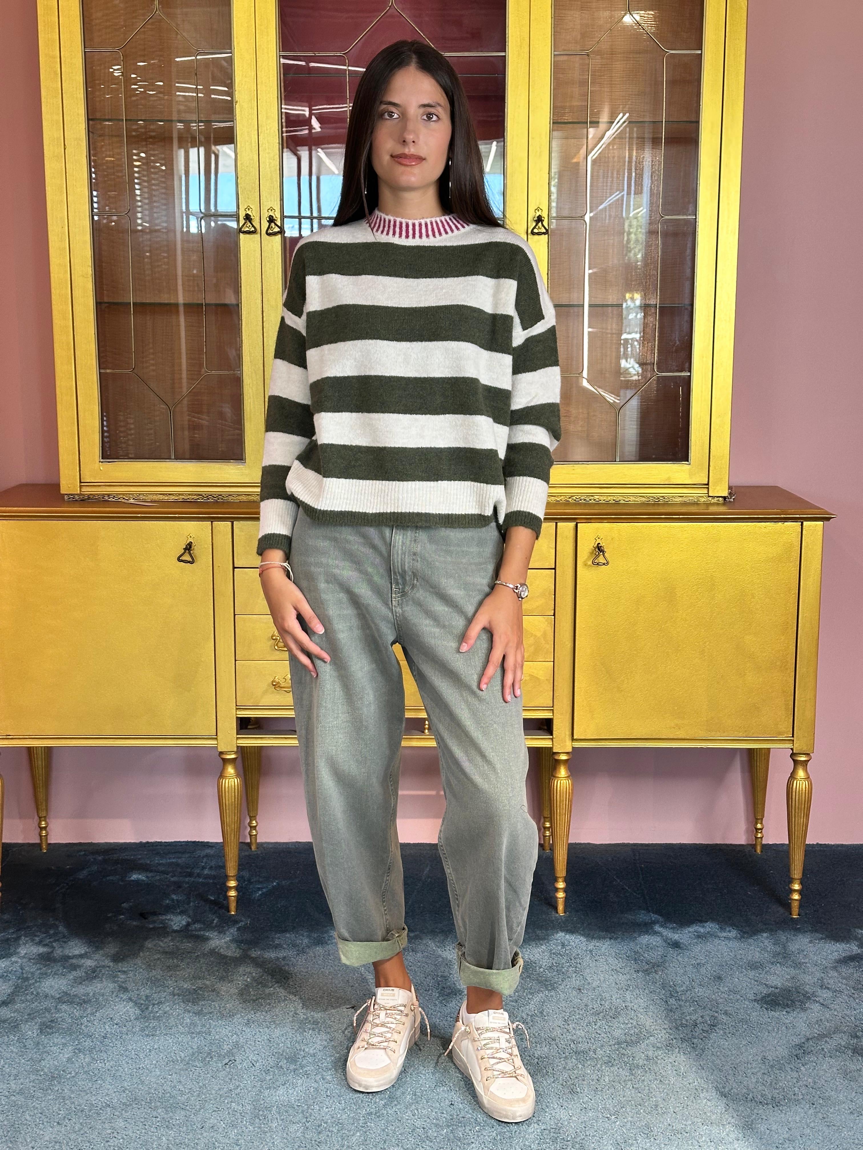 HaveOne - Pull Paricollo a Righe con Collo Rigato Fuxia/Militare/Panna-2
