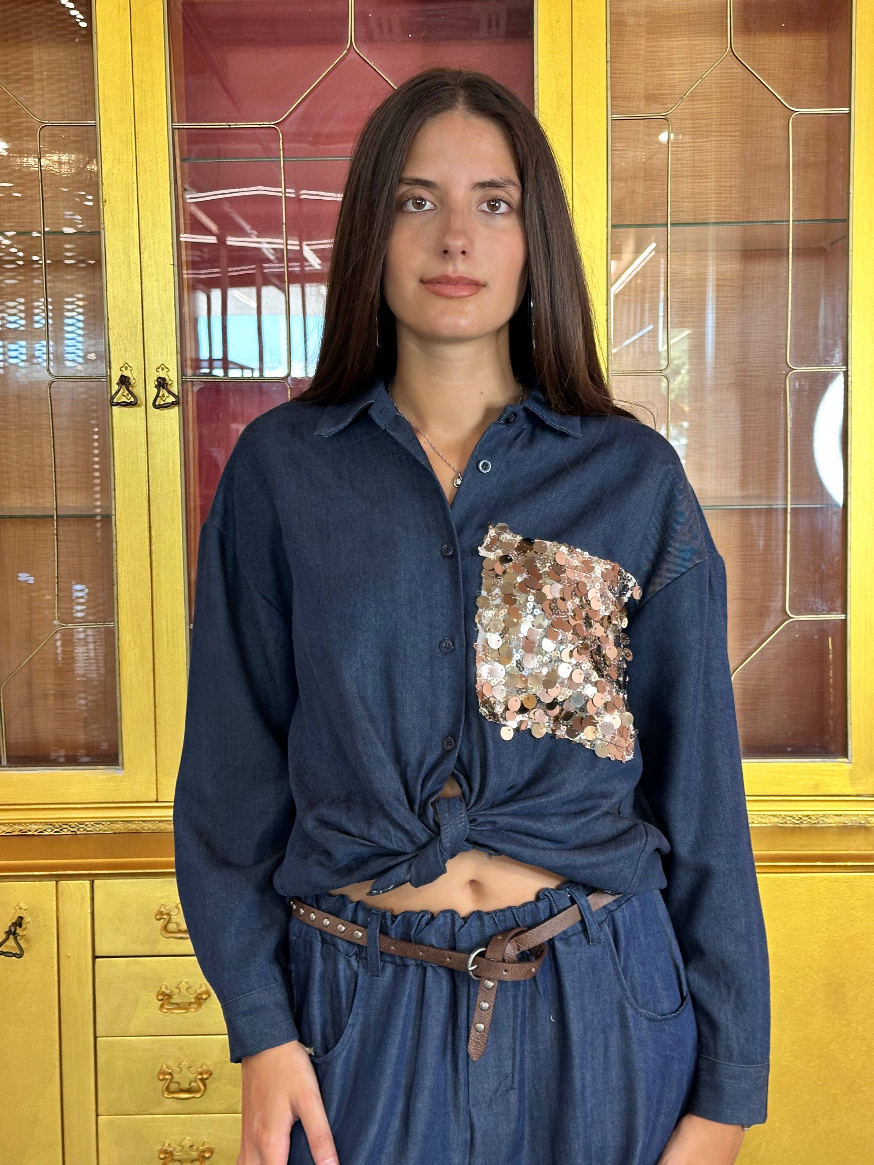 Adora - Camicia Denim Taschina Paillettes-2