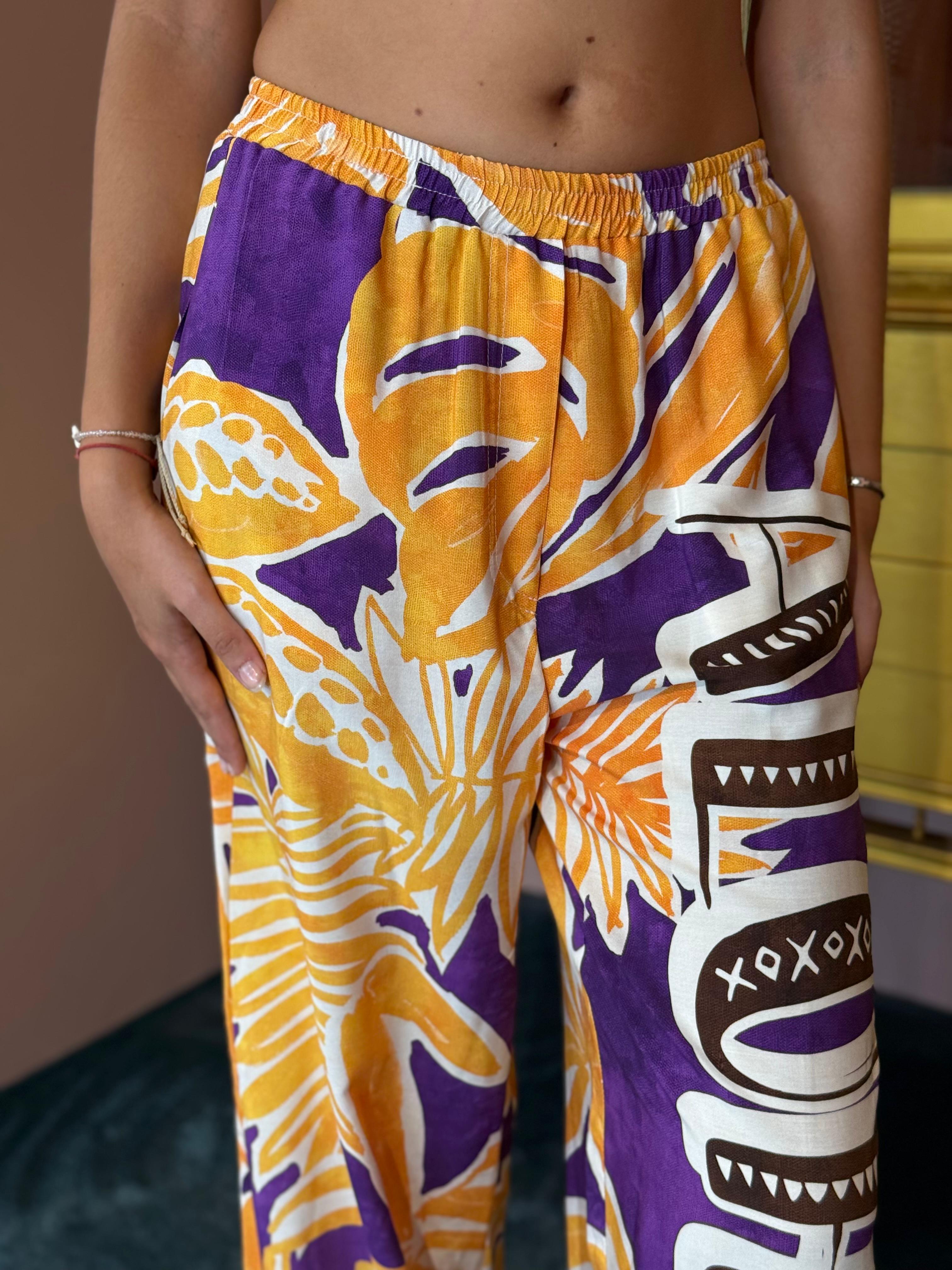 VICOLO - Pantalone Viola-Giallo-2
