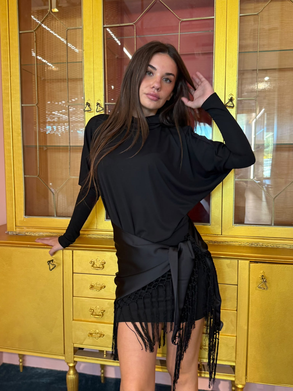 Tensione In - Abito Nero Corto con pareo Frange-3