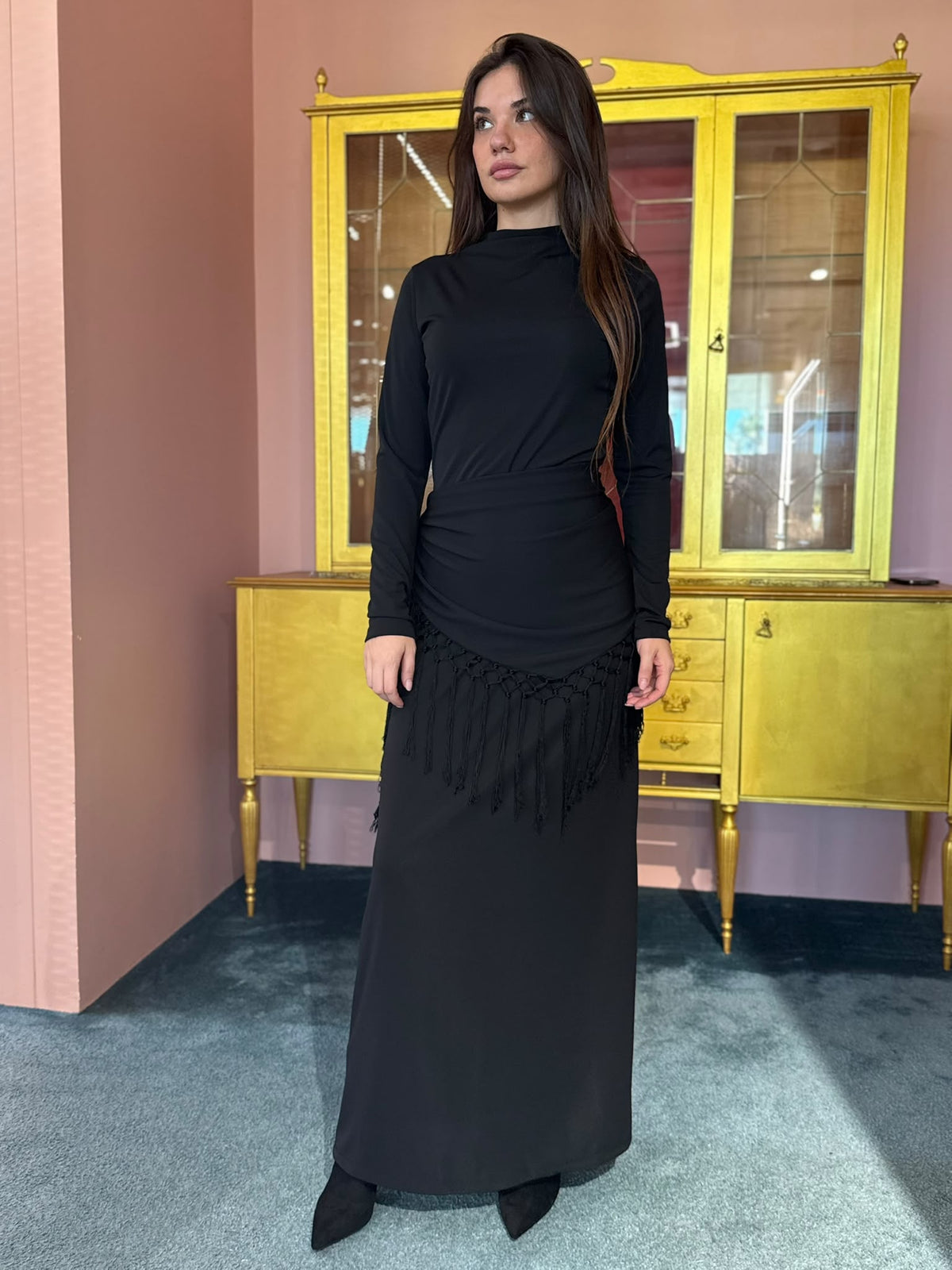 Tensione In - Abito Nero Maglina con pareo Frange-4