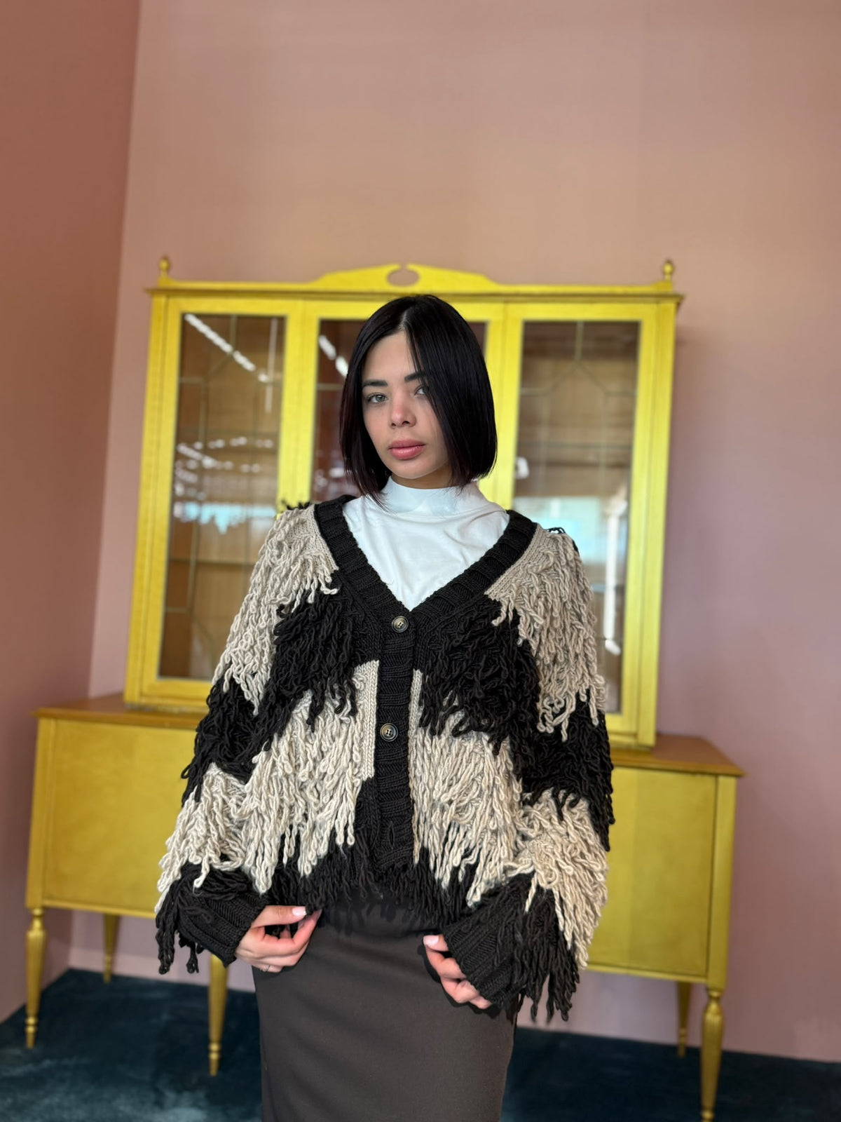 VICOLO - CARDIGAN FRANGE MORO/BEIGE - TAGLIA UNICA
