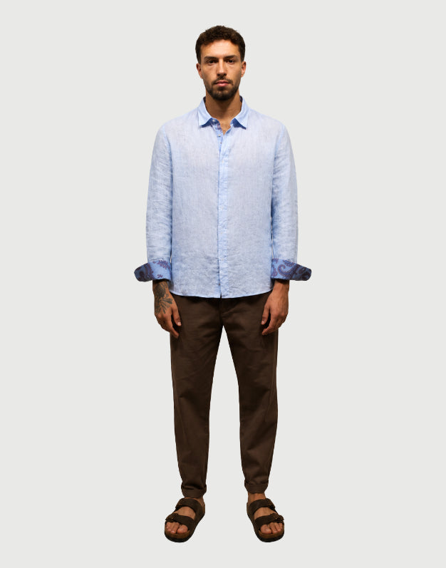 Seinse - Camicia celeste lino con motivi floreali-4